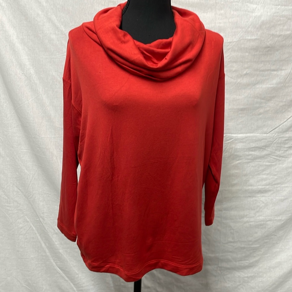 Lou & Grey cowl neck long sleeve tee in orange/red color, oversized, size XS